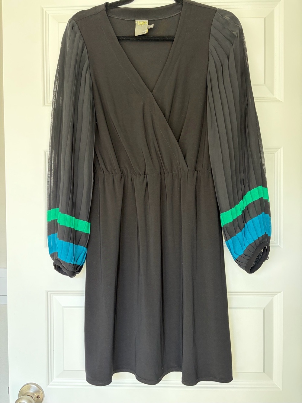 Taylor Black Dress with Teal and Green Stripes Pleated Sleeves Size 4